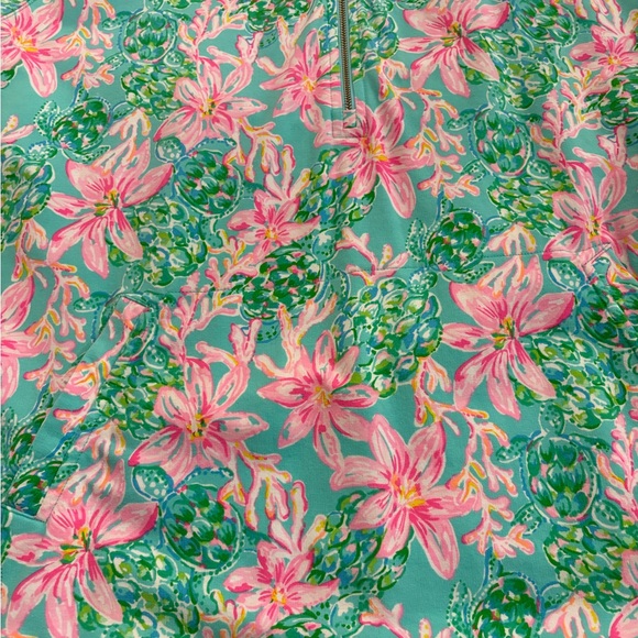 Lilly Pulitzer Quarter Zip- Pink & teal floral print with sea turtles. - Picture 6 of 12